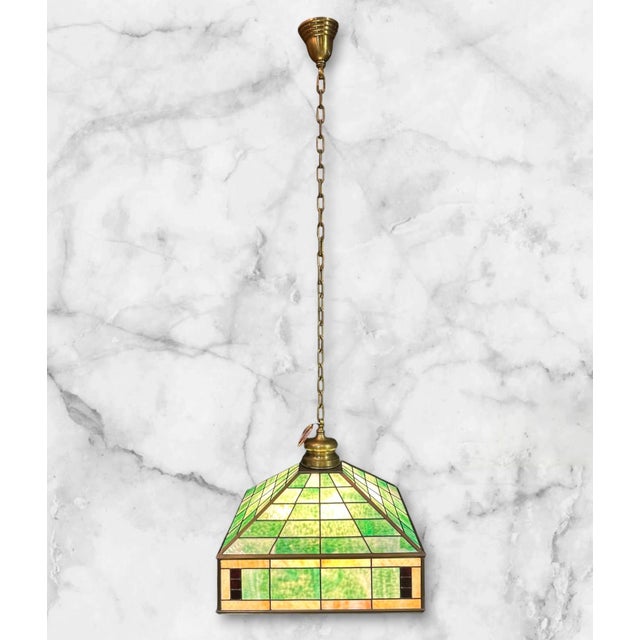 1930s Arts & Crafts Pendant Light With Green Glass For Sale - Image 11 of 14