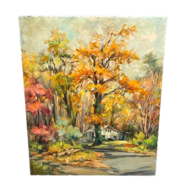 Impressionist 1960s Painting: Impressionist Autumn Landscape With Cottage For Sale - Image 3 of 12