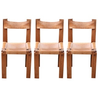 Model S11 Saddle Dining Chairs in Cognac Leather by Pierre Chapo, 1960s, Set of 3 For Sale