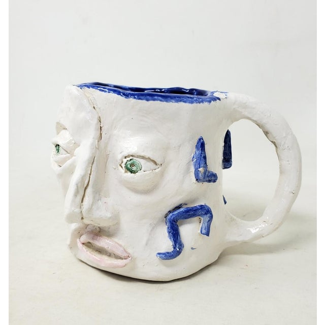 Contemporary 2010s Handcrafted Decorative Mug - Faces on 2 Sides - Blue Eyes and Green Eyes - Ooak For Sale - Image 3 of 18