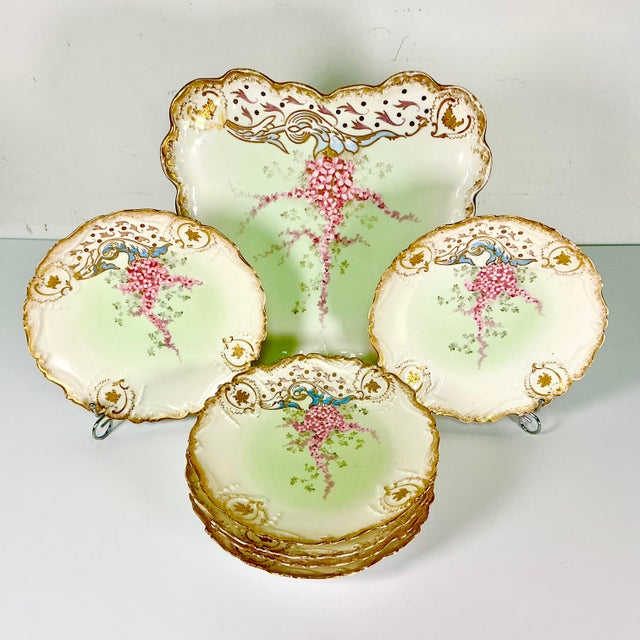 Late 1900s Antique French Victorian Hollywood Regency Limoges Pink Wisteria Dessert Plates and Platter - Set of 7 For Sale - Image 6 of 12