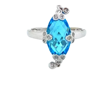 Diamond Blue Topaz Dangle Charm 14k White Gold Marquise Shape Ring