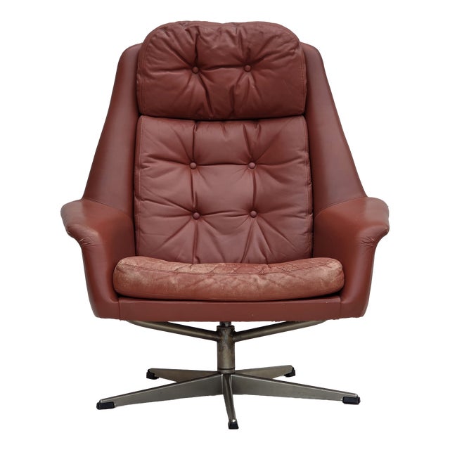 Danish Swivel Armchair in Furniture Leather by H.W. Klein for Bramin, 1970s For Sale