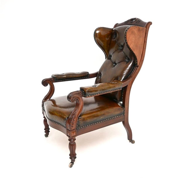 Antique William IV Leather and Walnut Wing Back Armchair, 1820s For Sale - Image 4 of 11