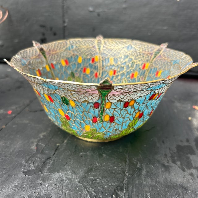 Art Nouveau Pristine 7" Vintage Chinese Plique-À-Jour Transparent Enamelled 7-Dragonfly Bowl For Sale - Image 3 of 12