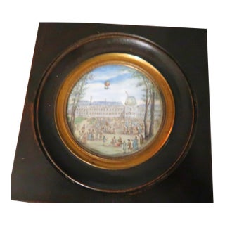 18th Century French Miniature Balloon Motif Framed Watercolor Painting - Ascent at Tuileries Palace. For Sale
