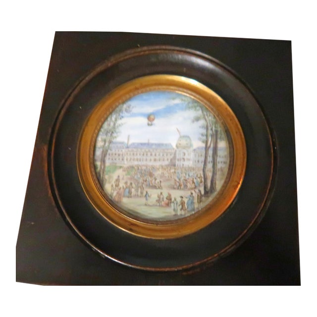 18th Century French Miniature Balloon Motif Framed Watercolor Painting - Ascent at Tuileries Palace. For Sale