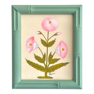 Original Hand-Painted Pink and Green Floral Motif Painting in a Hand-Painted Frame For Sale