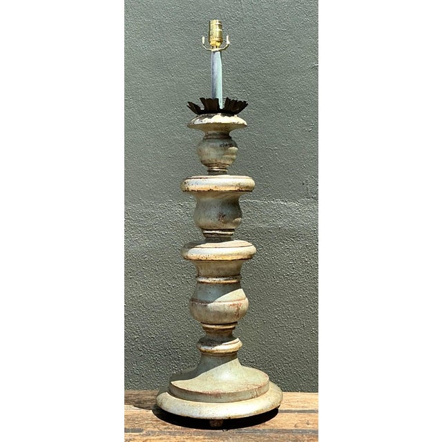 French Country Vintage Distressed Wood Table Lamp For Sale - Image 3 of 16
