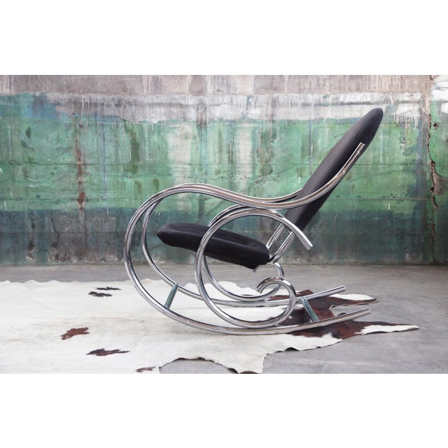 70s Sculptural Chrome + Black Velour Rocking Chair Rocker Manner Milo Baughman For Sale - Image 13 of 14