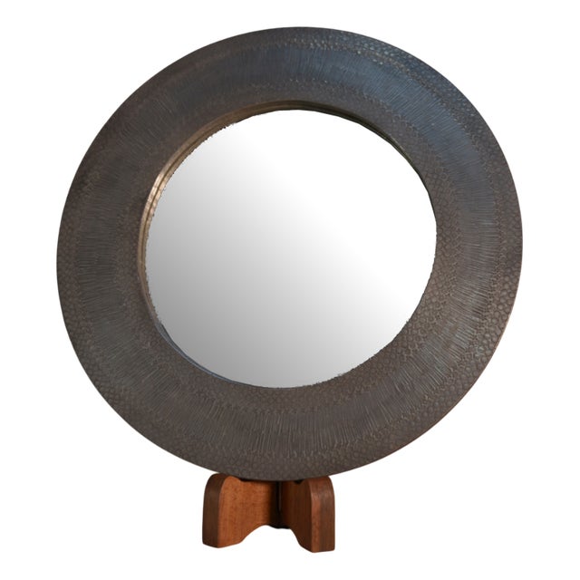 Small Vintage Round Mirror in Wood and Hammered Metal, 1980s For Sale