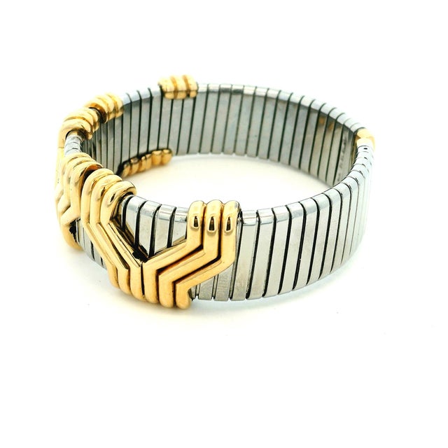 Metal 1990s Bulgari Parentesi Tubogas 18k Gold & Stainless Steel Cuff Bracelet For Sale - Image 7 of 12