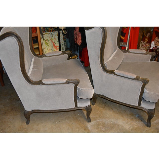 Wood Restoration Hardware Pair Lorraine Gray Velvet Wing Back Bergere Arm Chairs W/ Wood Surround For Sale - Image 7 of 17