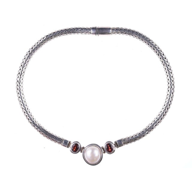 Heavy Retro sterling wheat chain with mabe pearl and garnets 16" long 7mm wide chain. 85 grams with no issues. All...