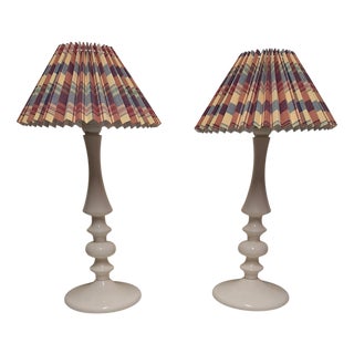 Vintage Table Lamps with Cream-White Lacquered Turned Beechwood Base and Folded Fabric Shade, 1980s, Set of 2 For Sale