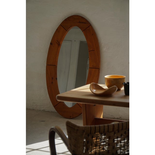 Large Oval Wall Mirror in Pine by Glasmäster Markaryd, Sweden, 1960s For Sale - Image 16 of 17