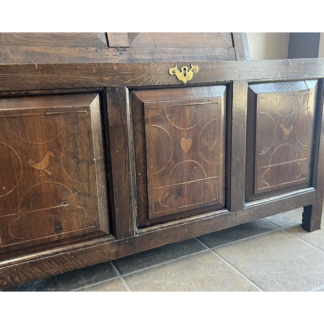 Antique French Oak Inlaid Blanket Trunk With Heart & Dove Motifs For Sale - Image 9 of 9