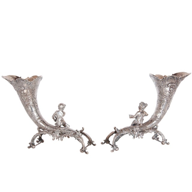 Metal Pair of Antique German Repoussé 800 Silver Cornucopia Cherub Vases Hanau 1890 For Sale - Image 7 of 12