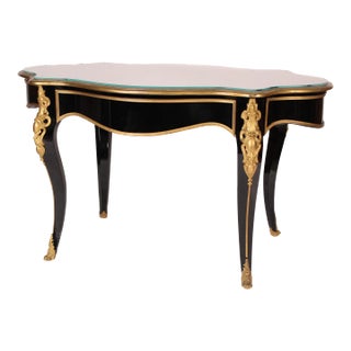 Antique Napoleon III Style Black Lacquer and Gilt Bronze Mounted Writing / Center Table For Sale