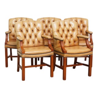 Chesterfield Dining or Conference Chairs in Light Cognac Cowhide Leather, Set of 5 For Sale