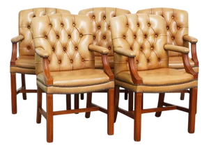 Chesterfield Dining or Conference Chairs in Light Cognac Cowhide Leather, Set of 5