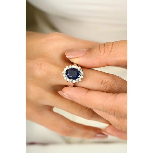 Blue Women's 14k Gold Certified Oval Sapphire Halo Diamond Ring Size 5 For Sale - Image 8 of 12