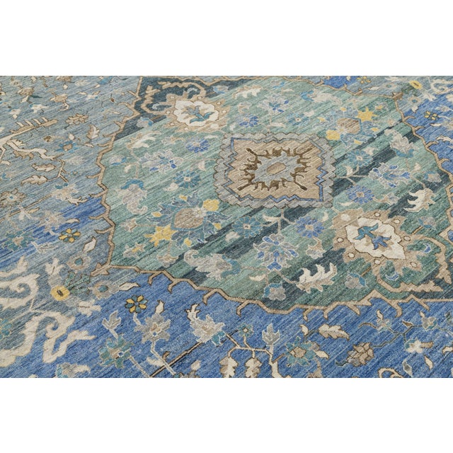 2020s Modern Tabriz Style Medallion Wool Area Rug – Vibrant Blue, Sage Green & Yellow For Sale - Image 5 of 12