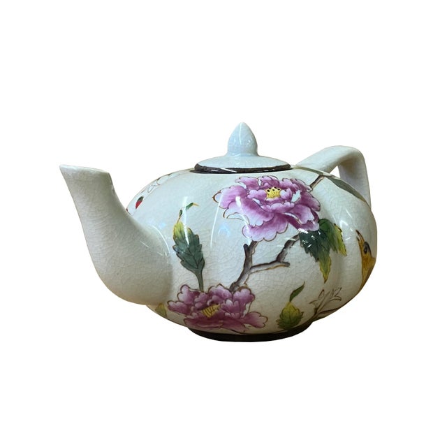 Contemporary Contemporary Beige Almond Flower Painting Teapot Shape Display For Sale - Image 3 of 6