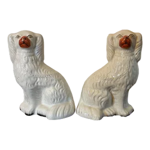 Antique 19th Century Staffordshire Pottery Spaniel Dogs - a Pair