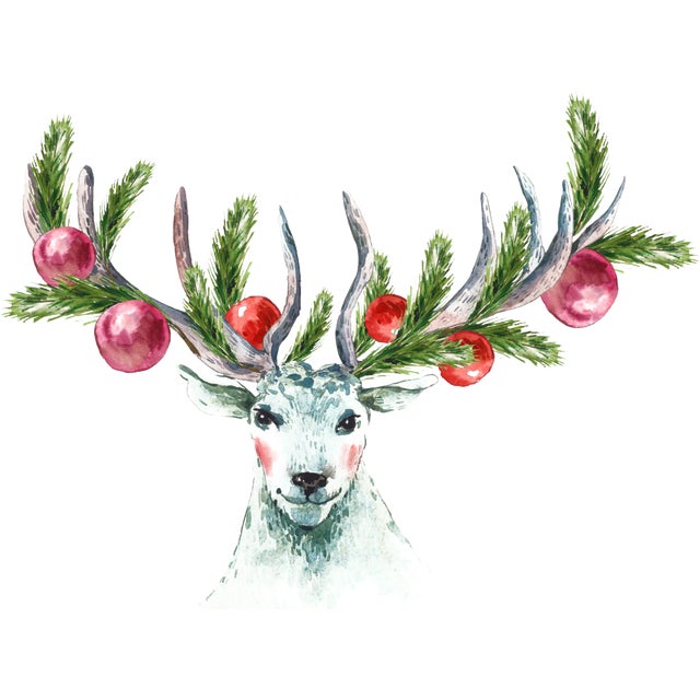 Contemporary Reindeer With Ornaments on Antlers Linen Pillow For Sale - Image 3 of 4