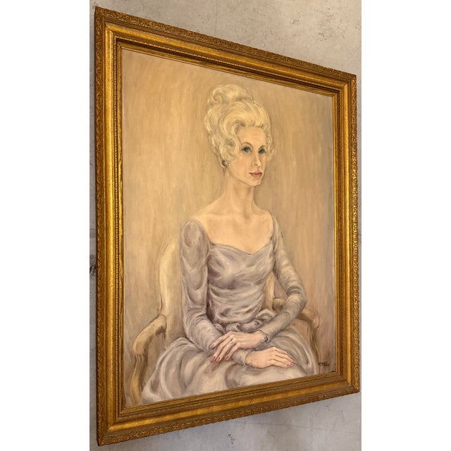 Beige Large Midcentury Oil on Canvas Woman Portrait For Sale - Image 8 of 9