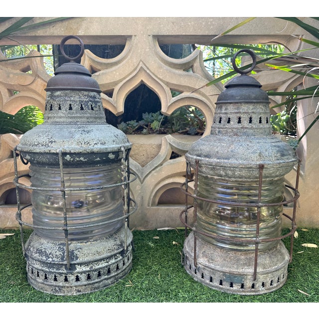 Nautical Vintage Pair Perko Galvanized Steel Uss Missouri Battleship Anchor Lights – Clear Lens – Circa 1940 For Sale - Image 3 of 12