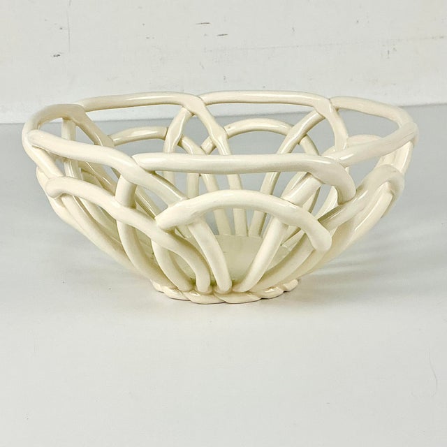 Vintage Italian Arts & Crafts Boho Chic Handcrafted Open Weave Studio Pottery Serving Bowl, Ivory For Sale - Image 11 of 11