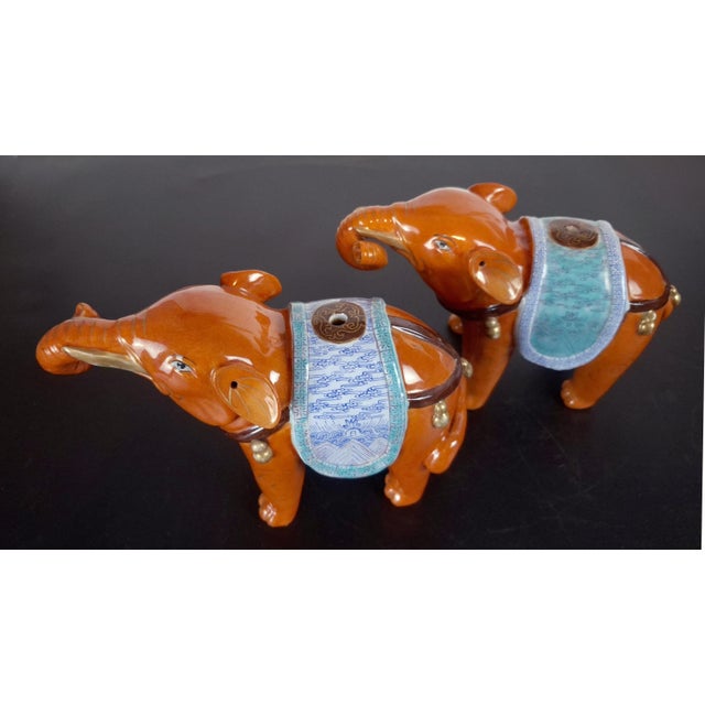 Wood Chinese Porcelain Auspicious Elephant Pair For Sale - Image 7 of 10