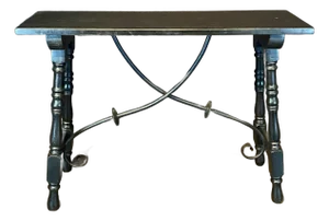 Ebonized Wood Spanish Console Table or Sofa Table With Iron Stretcher