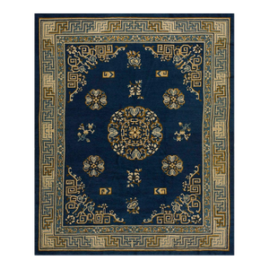 Distinguished Floral-Medallion Design on Navy Background Color Antique Chinese Peking Rug