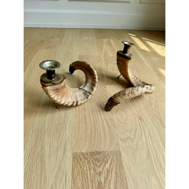 1970s Vintage Organic Modern Ram’s Horn Candlesticks With Silvered Brass Mounts – Pair For Sale - Image 5 of 12