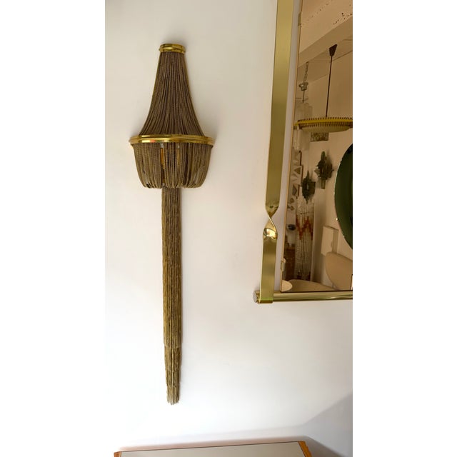 Large tall pair of set of 2 wall lights lamps lighting sconces in brass bracelet chain. In the mood of design like Mid-...