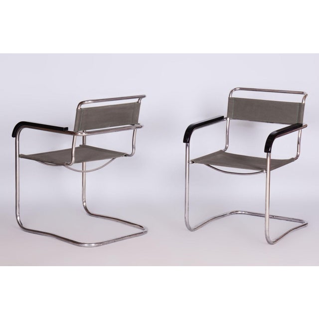 Marcel Breuer Restored Bauhaus Armchairs in Iron-Garn Fabric by M. Breuer, Czechia, 1930s, Set of 2 For Sale - Image 4 of 9
