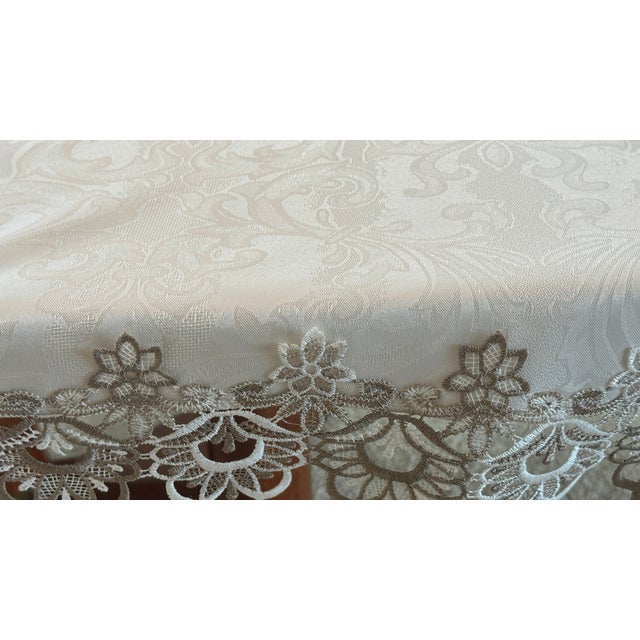 Vintage LinenTablecloth, Embroidered Applique Lace, Cream and Taupe. On Ivory 18" X 55.5" Pristine For Sale - Image 13 of 17