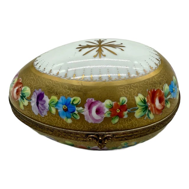 1950s Vintage Camille Le Tallec Hand-Painted Egg-Shaped Limoges Trinket Box – Paris, France For Sale