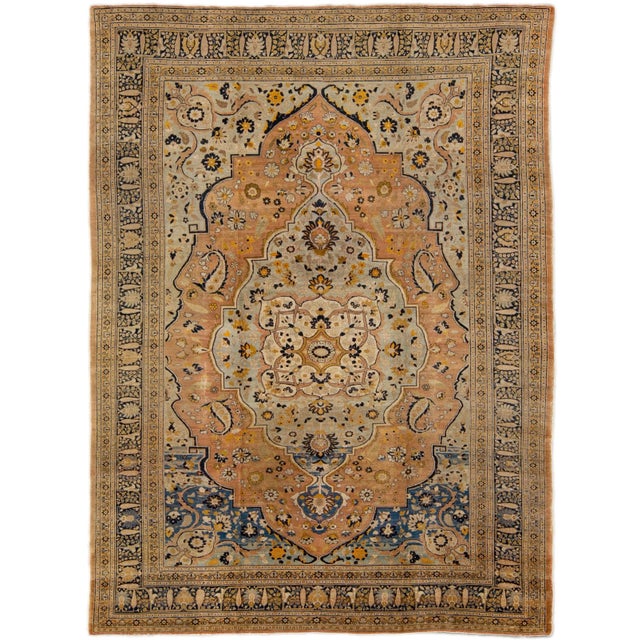 Antique Persian Tabriz Handmade Medallion Motif Blue and Beige Wool Rug For Sale - Image 11 of 11