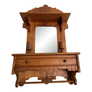 Antique Eastlake Style Men’s Shaving Mirror With Candle Holders, Drawer and Towel Bar