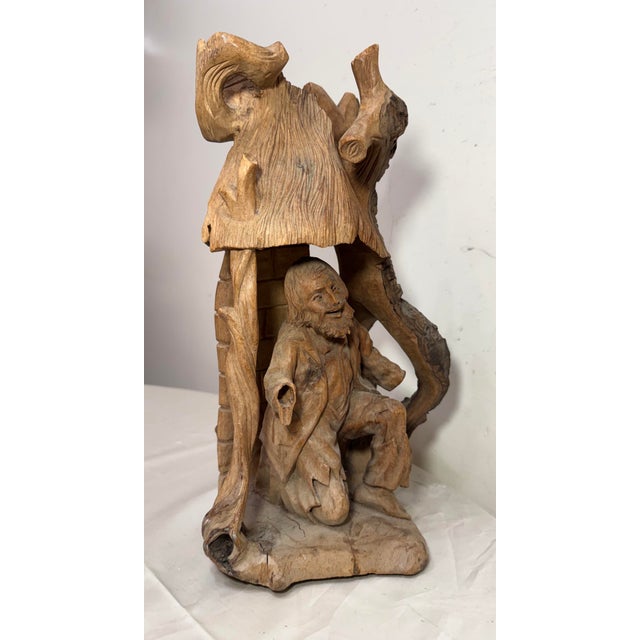 Brown Antique Hand Carved German Tree Trunk Figural Folk Art Sculpture Statue Carving For Sale - Image 8 of 14