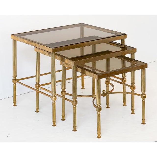Mid 20th Century French Nesting Tables of Brass With Smoked Glass For Sale - Image 5 of 18