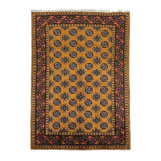 Golden Ochre Tribal Area Rug With Mori Gul Motifs, 3'11" X 5'10" For Sale
