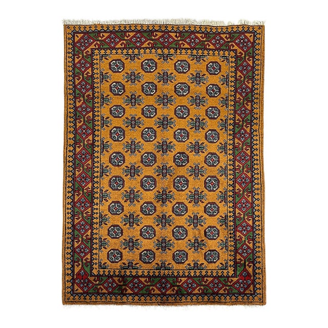 Golden Ochre Tribal Area Rug With Mori Gul Motifs, 3'11" X 5'10" For Sale