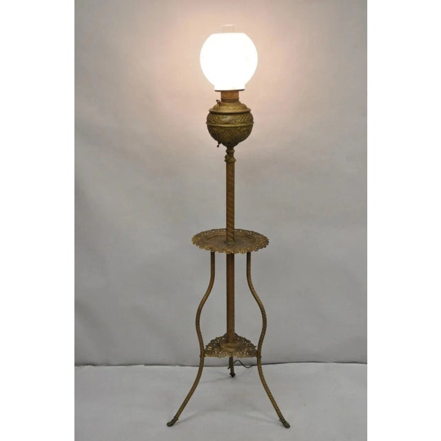 Antique Victorian Ornate Brass Converted Oil Lamp Piano Parlor Floor Lamp with Round Surface and Glass Shades. Circa Late...