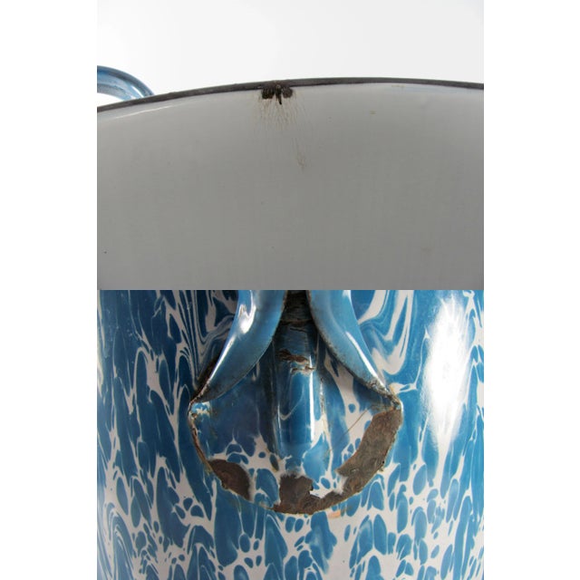 Metal Vintage Graniteware Enamel Blue & White Swirl Marbled Mottled Agate Rustic Pot With Lid For Sale - Image 7 of 13