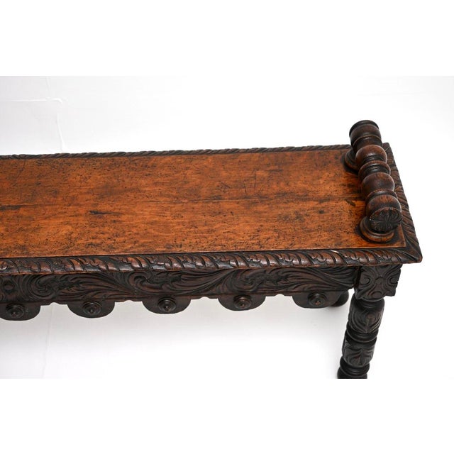 Wood Antique Victorian Carved Oak Bench, 1870s For Sale - Image 7 of 12